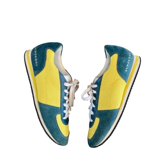 Burberry Pop Suede Nylon Sneakers Runners Teal and Yellow - Picture 9 of 14